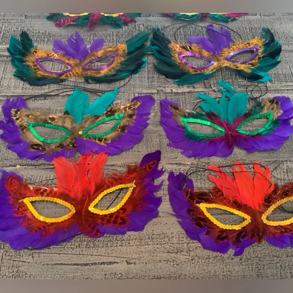 Mardi Gras Masks 8 Feathered Sequin Elastic Band Colorful Cute Bright Masquerade
